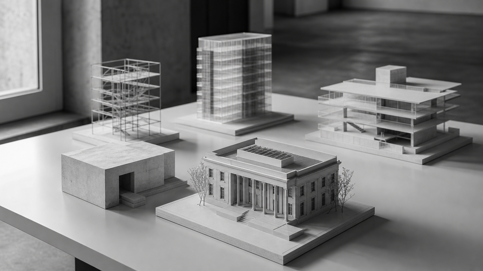 Maquettes d'architecture de styles différents posées sur une grande table blanche, photographiées en noir et blanc.